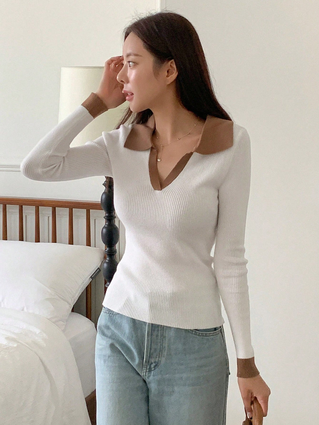 Casual Style Color Block Collar Slim Fit Tops, Long Sleeve Tops