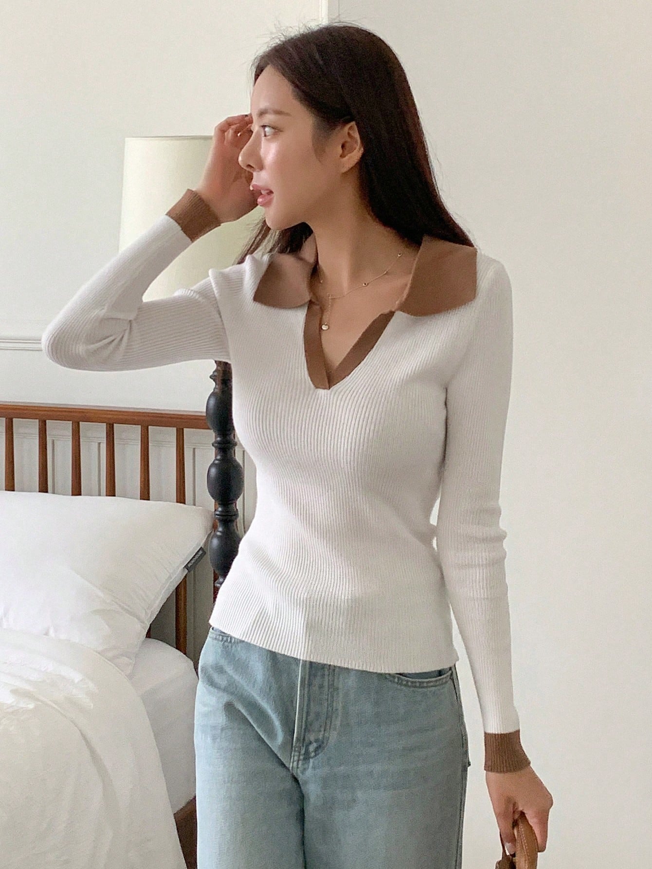 Casual Style Color Block Collar Slim Fit Tops, Long Sleeve Tops