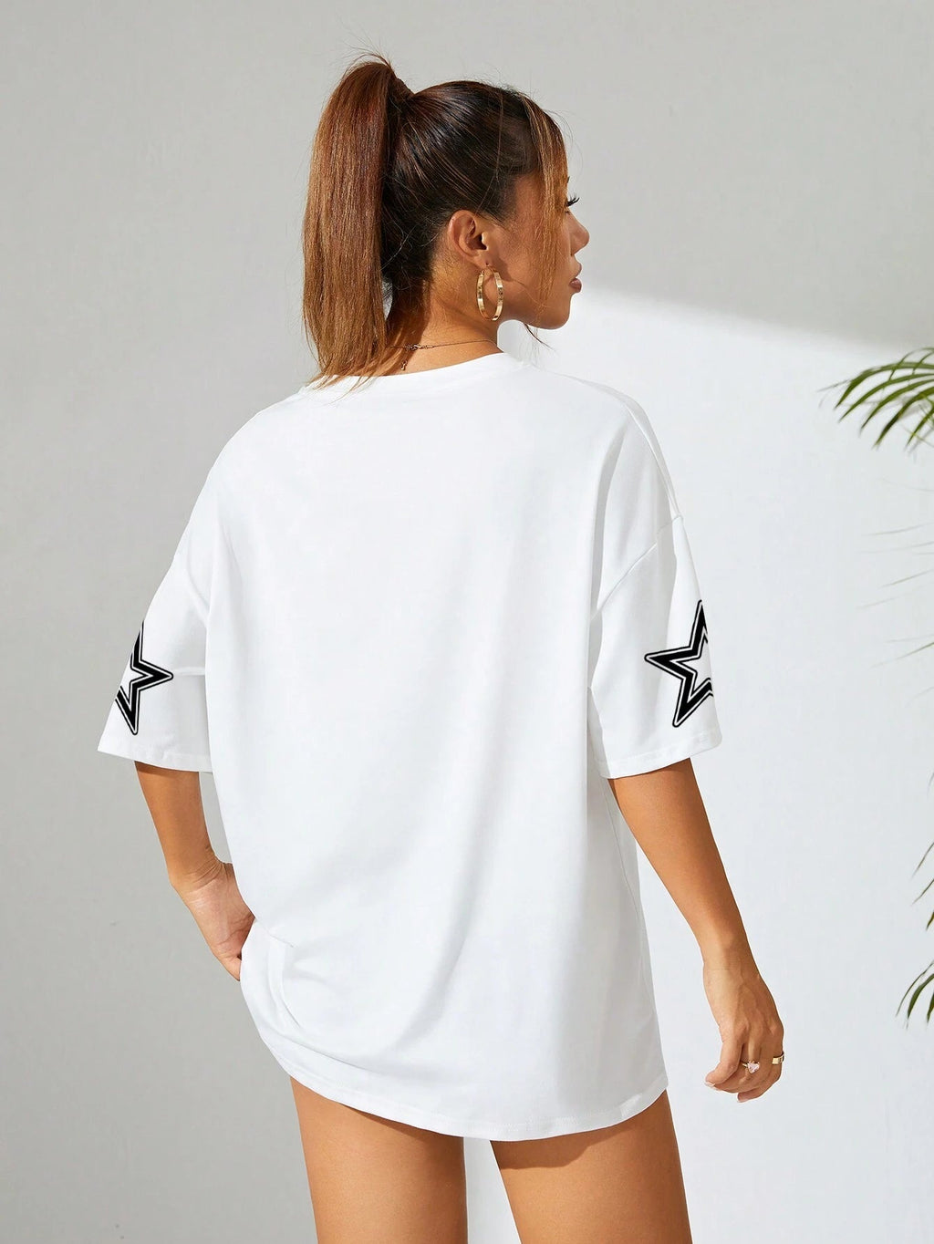 Letter & Number Pattern Drop Shoulder Short Sleeve T-Shirt Graphic Tees Women Tops