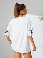Letter & Number Pattern Drop Shoulder Short Sleeve T-Shirt Graphic Tees Women Tops