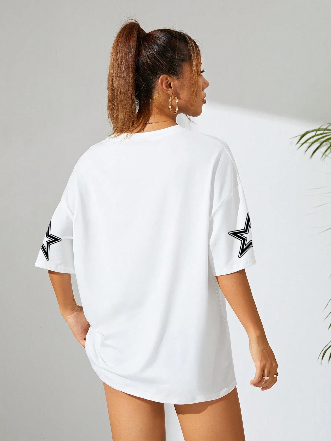 Letter & Number Pattern Drop Shoulder Short Sleeve T-Shirt Graphic Tees Women Tops