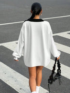 Casual Contrast Color Polo Collar Long Sleeve Loose T-Shirt