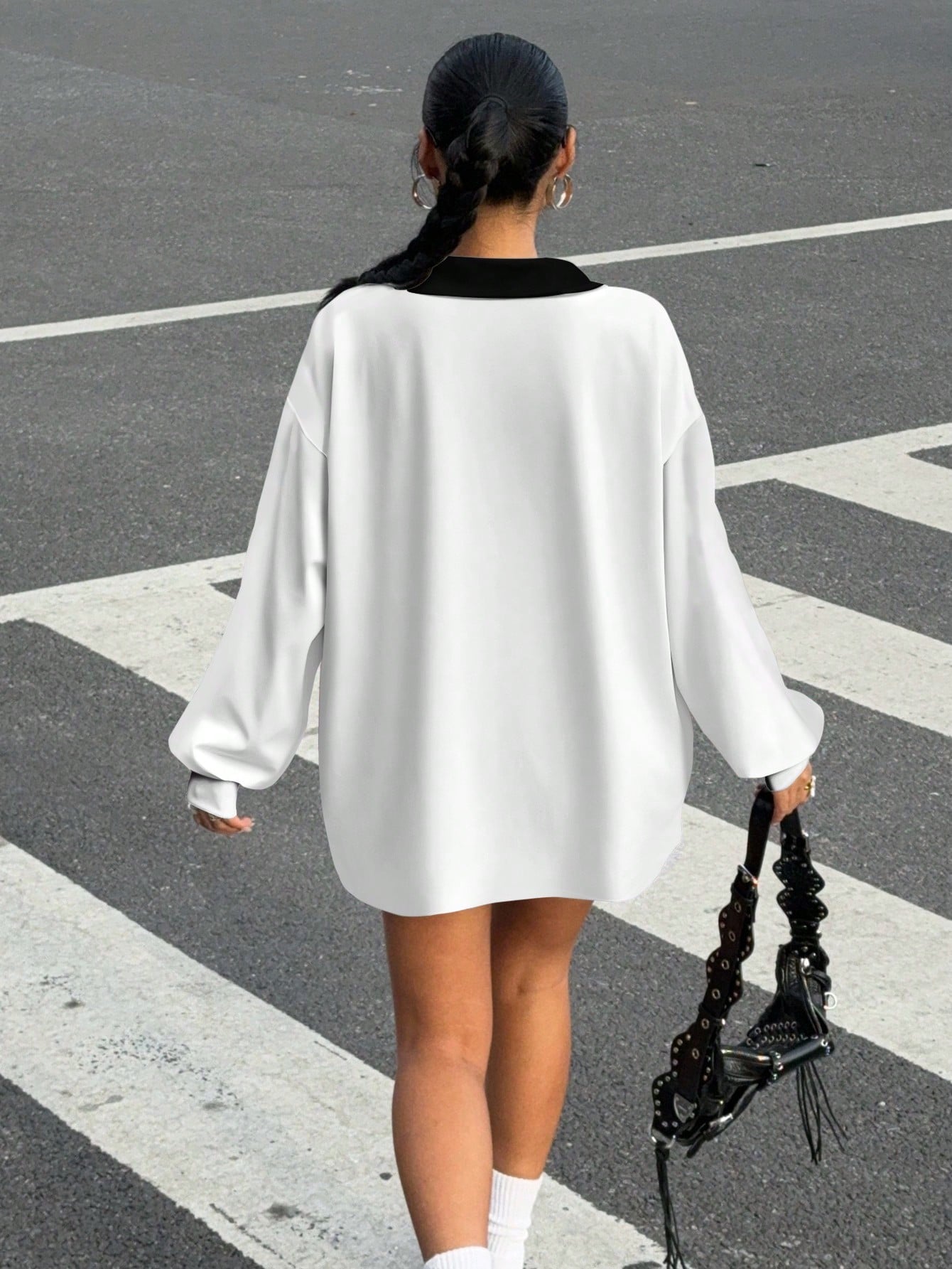 Casual Contrast Color Polo Collar Long Sleeve Loose T-Shirt