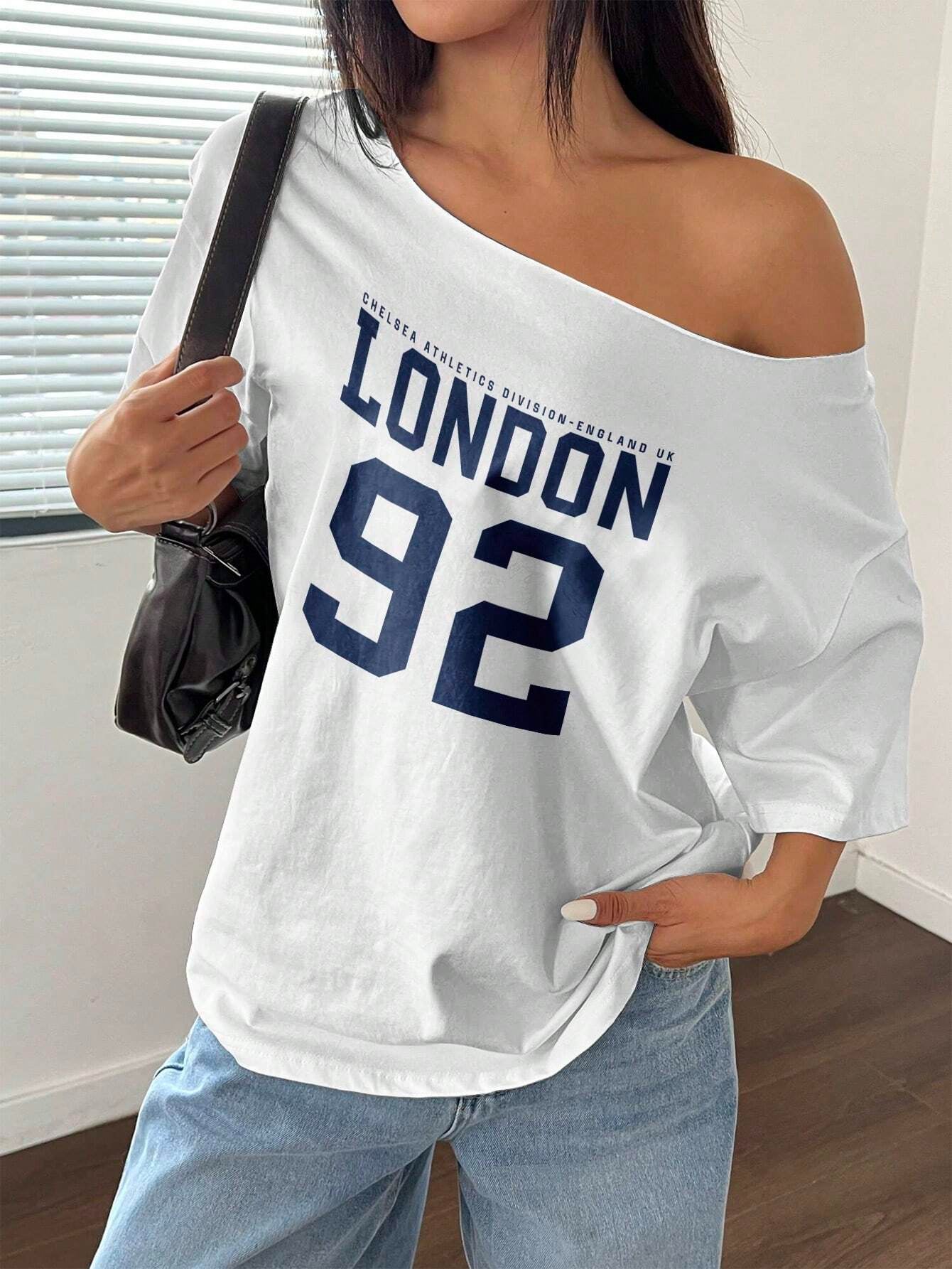 Letter Print Off-Shoulder Short Sleeve Casual Loose T-Shirt Graphic Tees