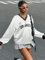 New Letter Print Colorblock Long Sleeve Casual T-Shirt