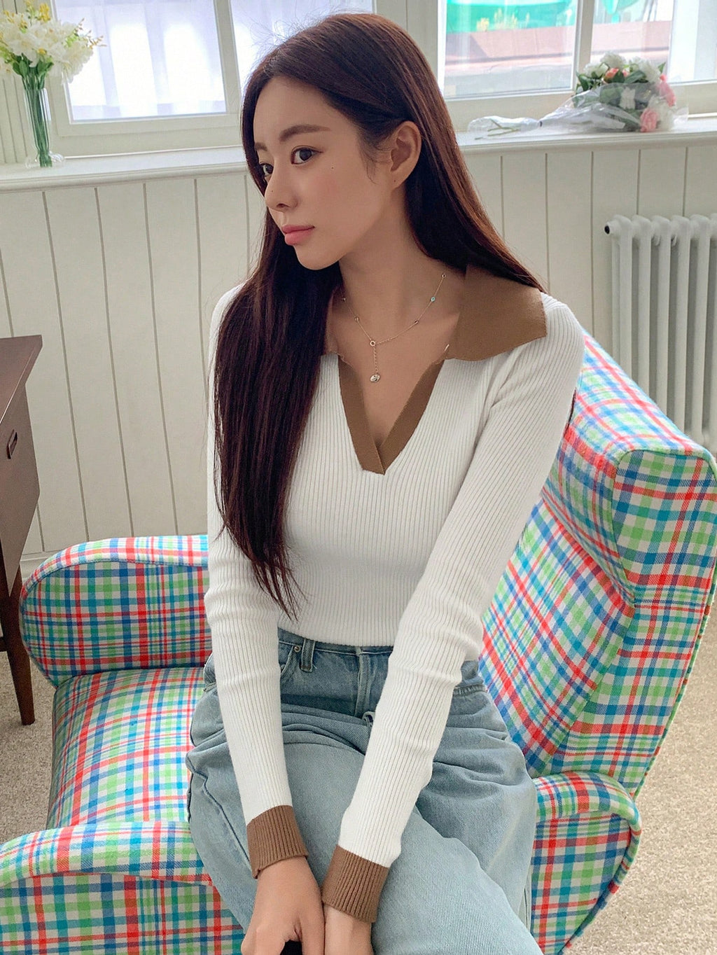 Casual Style Color Block Collar Slim Fit Tops, Long Sleeve Tops