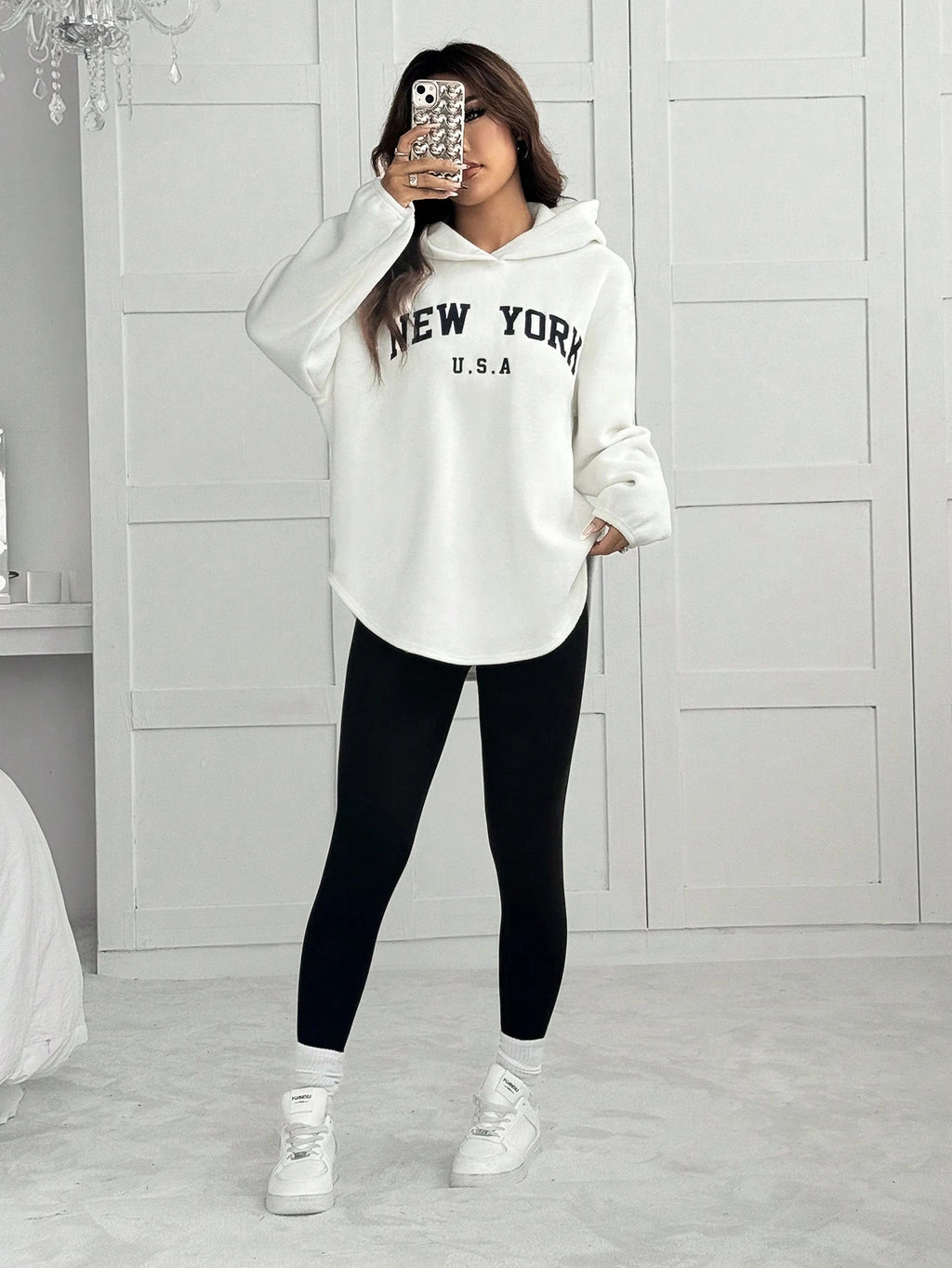 2pcs/Set Women Letter Embroidery Hoodie Sweatshirt And Leggings Outfit