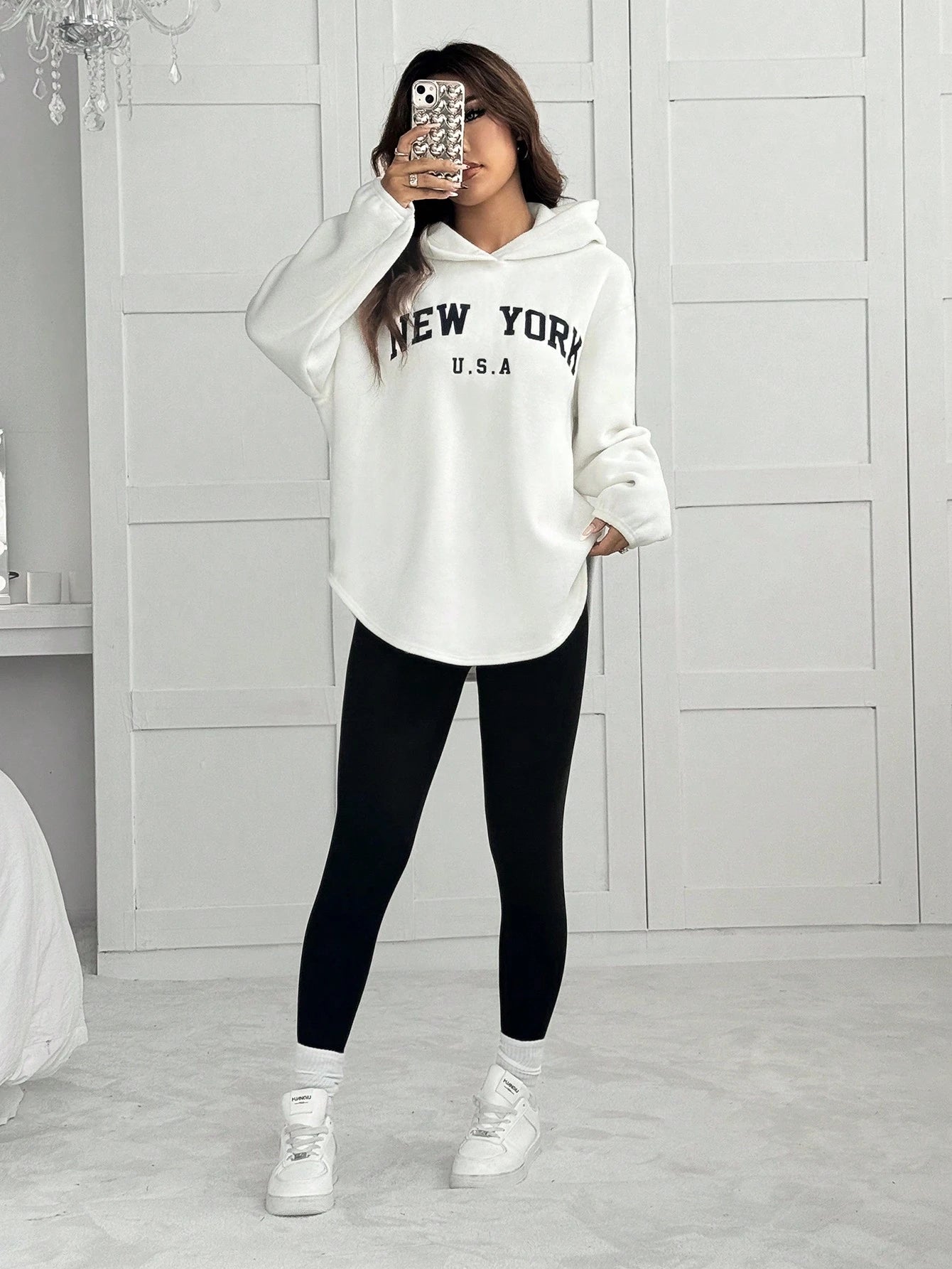 2pcs/Set Women Letter Embroidery Hoodie Sweatshirt And Leggings Outfit