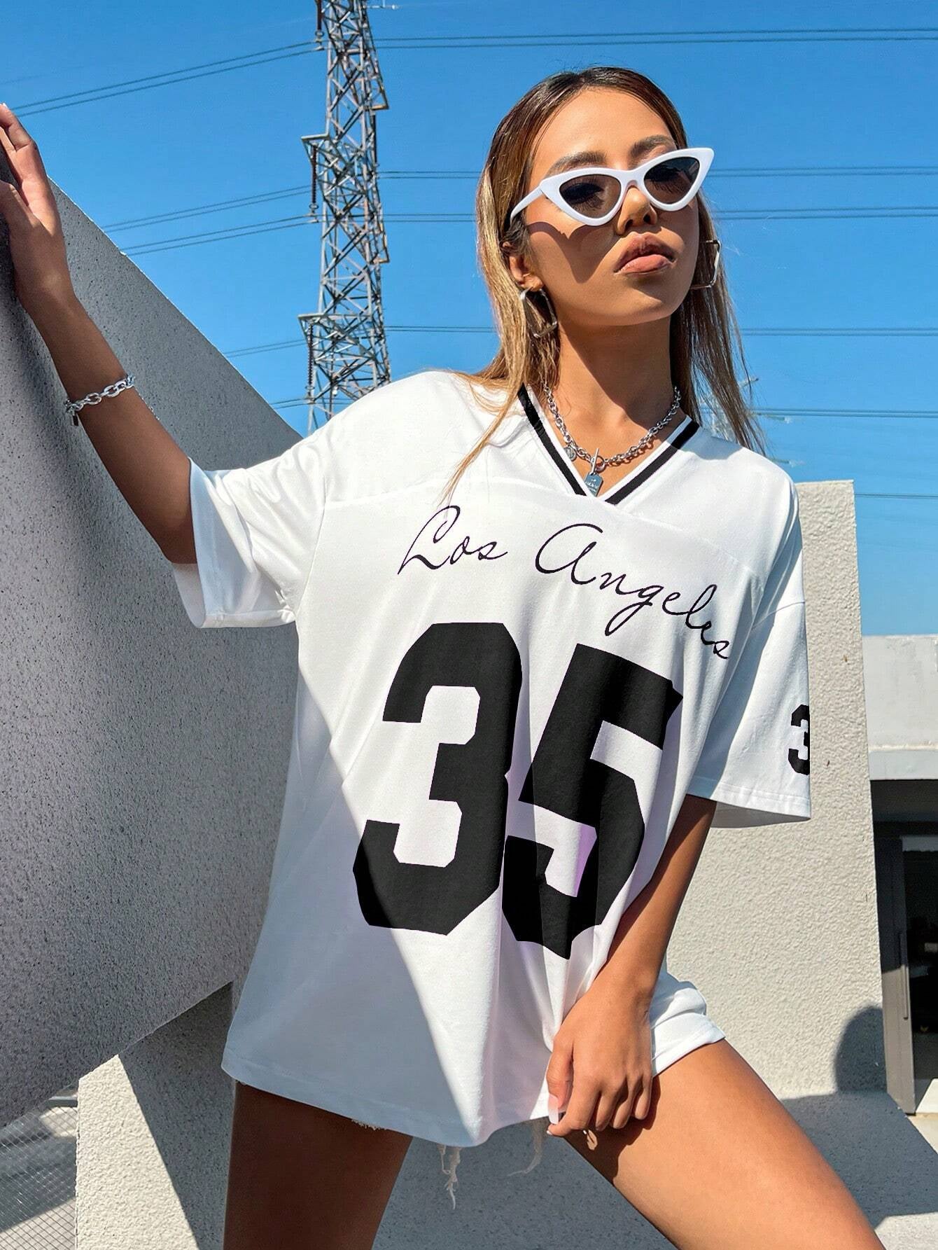 Letter Graphic Striped Trim Drop Shoulder Tee