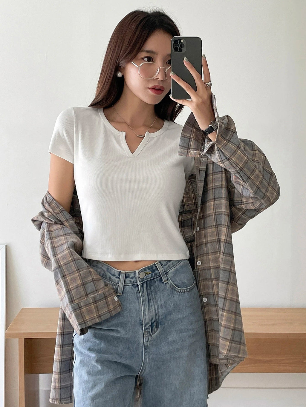 Ribbed Knit Notched Neck Tee