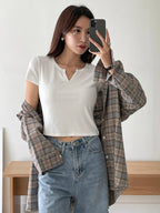Ribbed Knit Notched Neck Tee