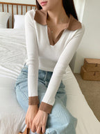 Casual Style Color Block Collar Slim Fit Tops, Long Sleeve Tops