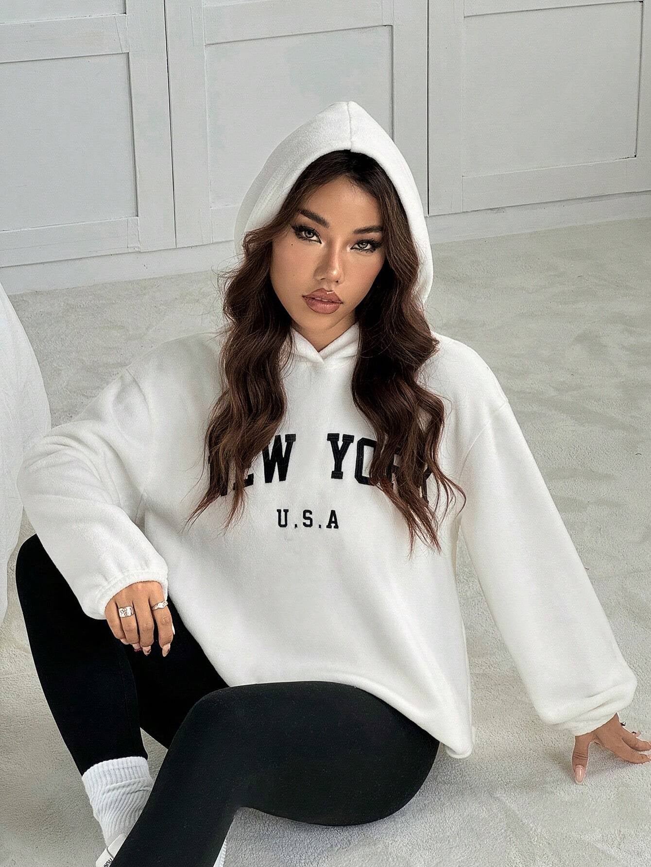 2pcs/Set Women Letter Embroidery Hoodie Sweatshirt And Leggings Outfit