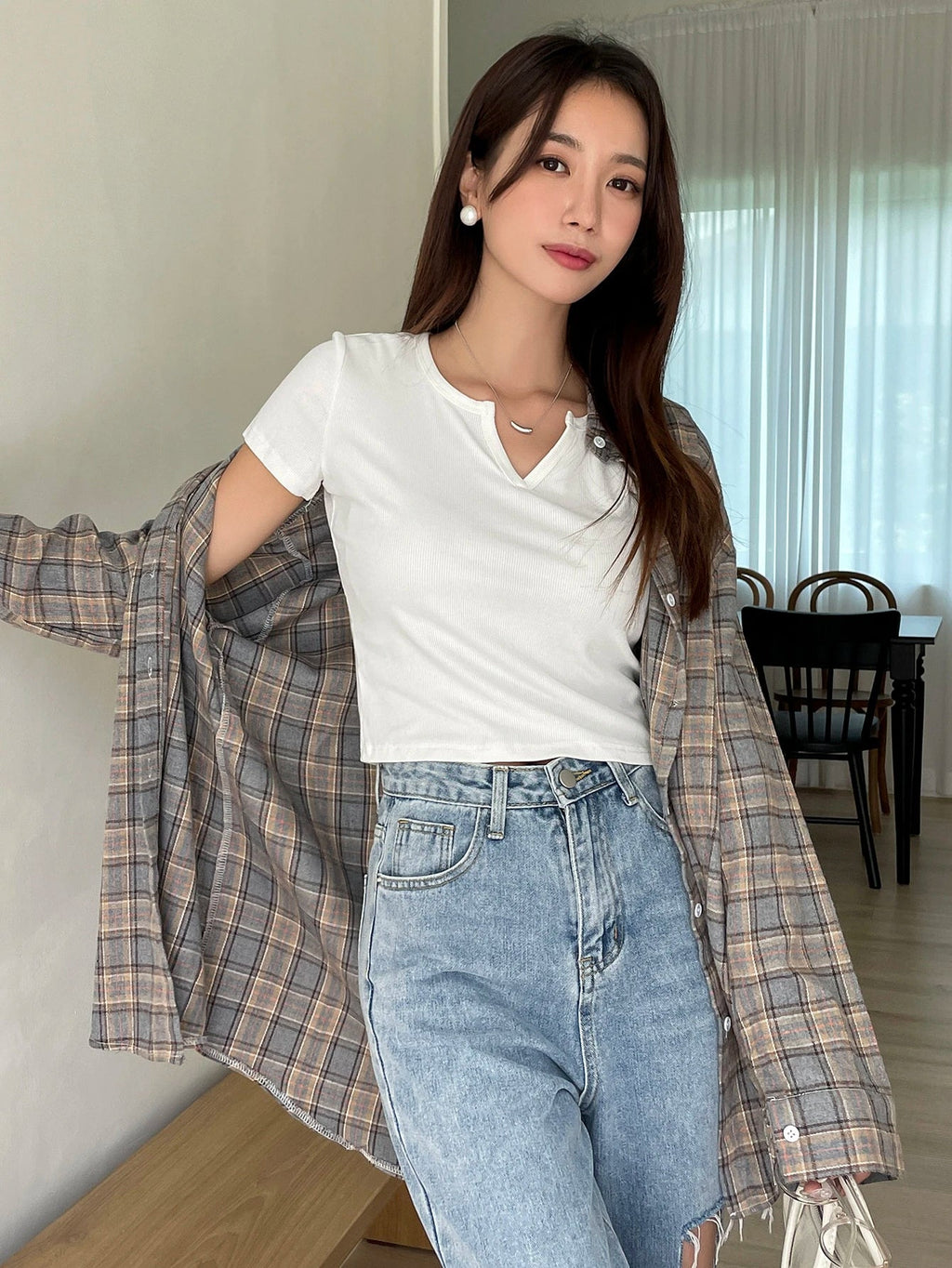 Ribbed Knit Notched Neck Tee
