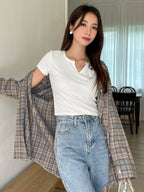 Ribbed Knit Notched Neck Tee