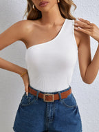 One Shoulder Ribbed Tank Top – Sleeveless Asymmetrical Slim Fit Summer Tee