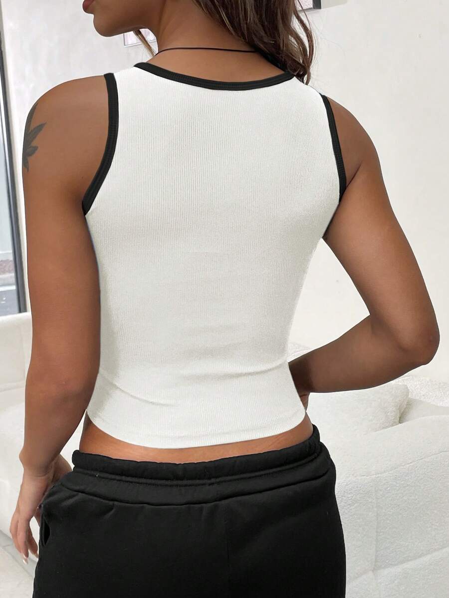 Contrast Trim Crew Neck Casual Sleeveless Tank Top