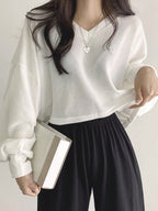 Solid Color V-Neck Dropped Shoulder Long Sleeve Loose Casual T-Shirt