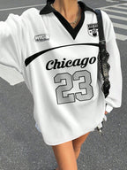 Casual Contrast Color Polo Collar Long Sleeve Loose T-Shirt