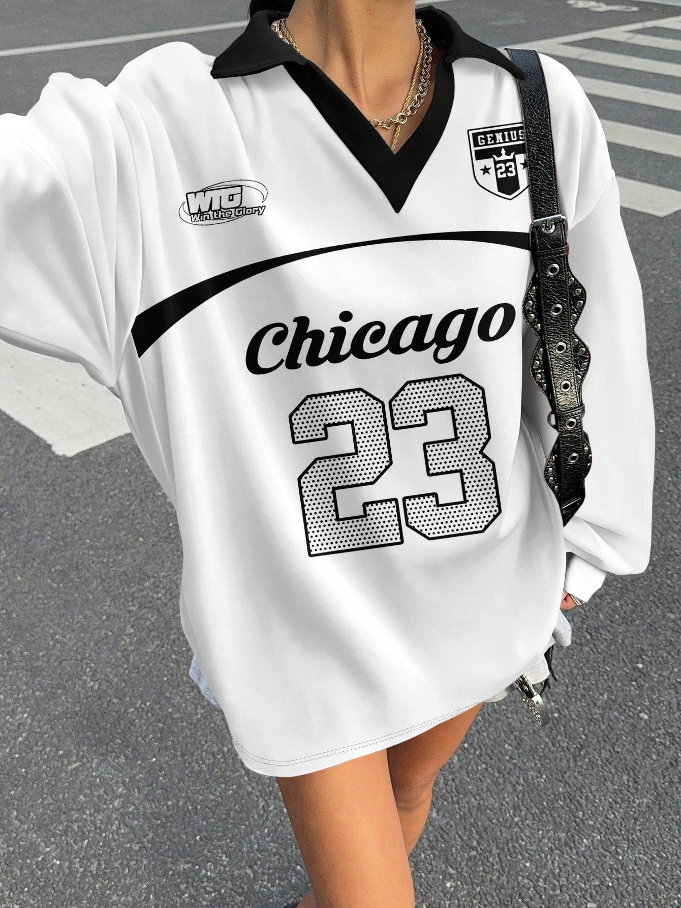 Casual Contrast Color Polo Collar Long Sleeve Loose T-Shirt