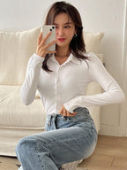 Ribbed Button-Up Shirt - Long Sleeve Collared Knit Blouse, Slim Fit Casual Top