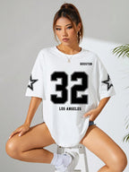 Letter & Number Pattern Drop Shoulder Short Sleeve T-Shirt Graphic Tees Women Tops