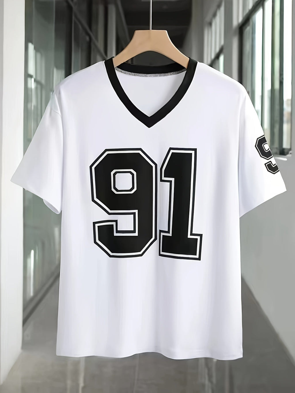 Casual V-Neck Short Sleeve T-Shirt with Bold '91' Digital Print - White & Black Contrast