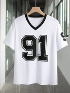 Casual V-Neck Short Sleeve T-Shirt with Bold '91' Digital Print - White & Black Contrast