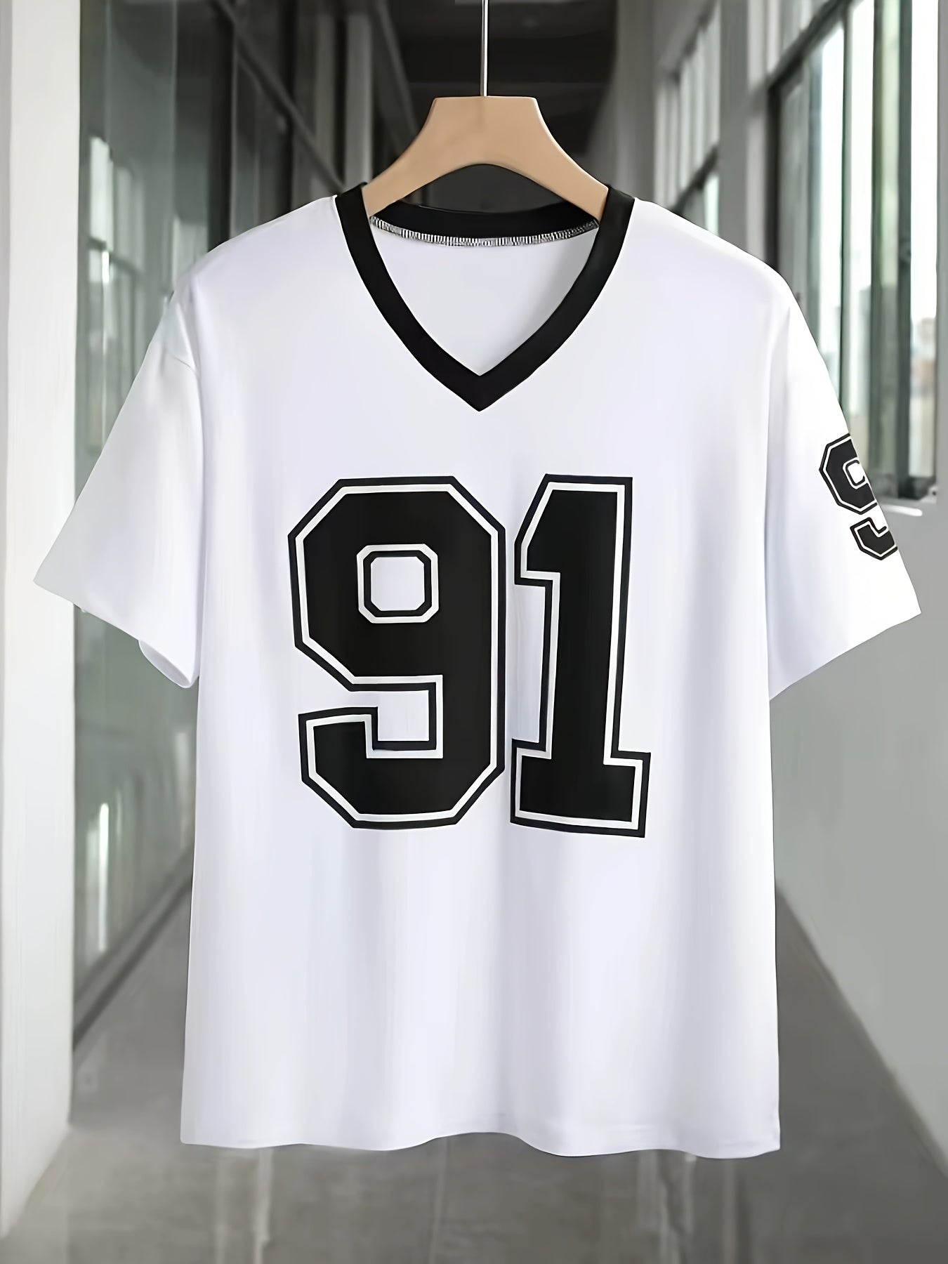 Casual V-Neck Short Sleeve T-Shirt with Bold '91' Digital Print - White & Black Contrast