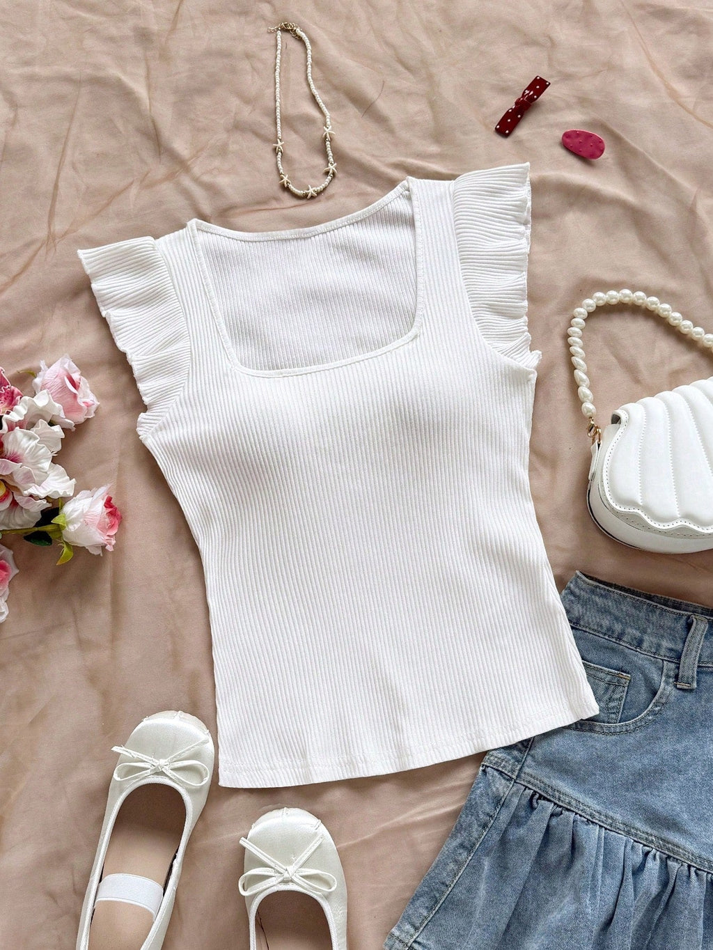 Solid Color Ribbed Knit Cap Sleeve Tee