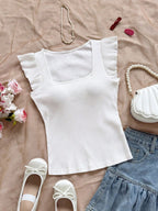 Solid Color Ribbed Knit Cap Sleeve Tee