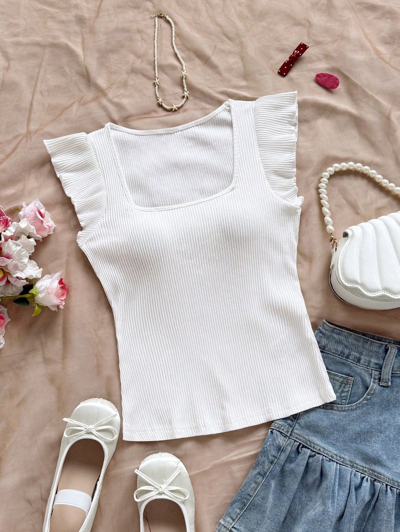 Solid Color Ribbed Knit Cap Sleeve Tee