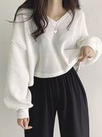 Solid Color V-Neck Dropped Shoulder Long Sleeve Loose Casual T-Shirt