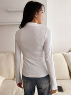 Ribbed Button-Up Shirt - Long Sleeve Collared Knit Blouse, Slim Fit Casual Top