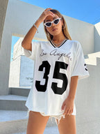 Letter Graphic Striped Trim Drop Shoulder Tee