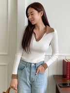 Casual Style Color Block Collar Slim Fit Tops, Long Sleeve Tops