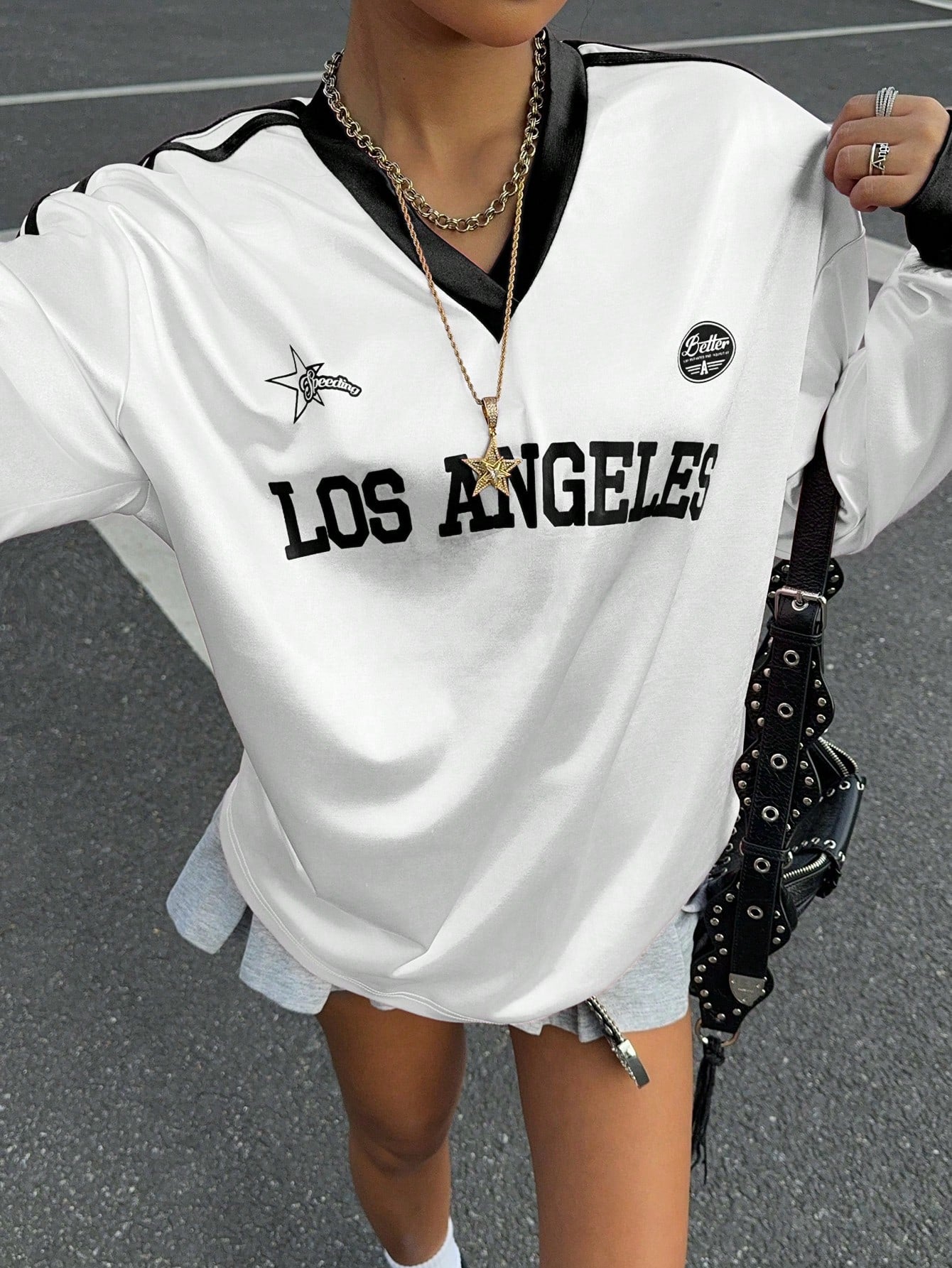 New Letter Print Colorblock Long Sleeve Casual T-Shirt