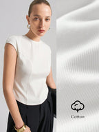 Ontre Urban Commuter White Knit Top, Short Sleeve Crew Neck T-Shirt