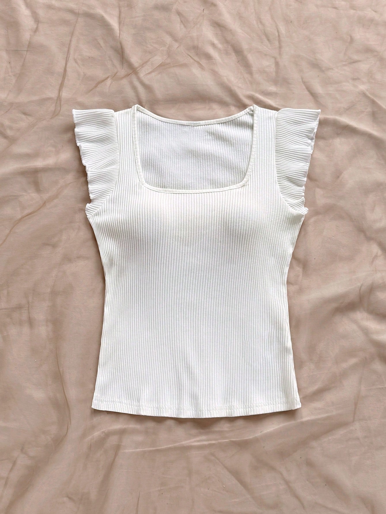 Solid Color Ribbed Knit Cap Sleeve Tee