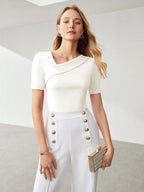 Solid Asymmetrical Neck Slim Fit Tee