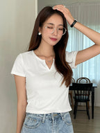 Ribbed Knit Notched Neck Tee