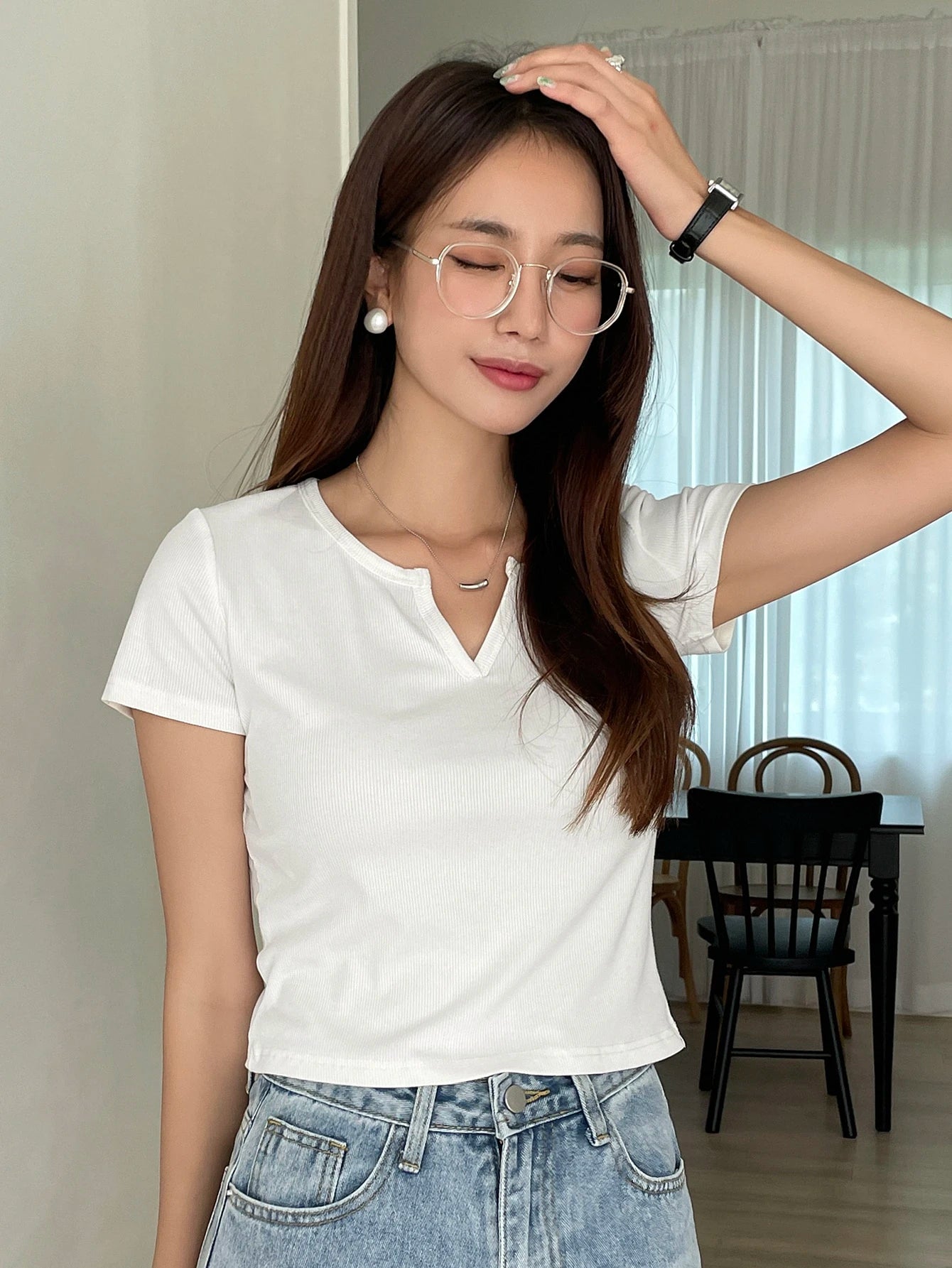 Ribbed Knit Notched Neck Tee