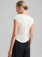 Ontre Urban Commuter White Knit Top, Short Sleeve Crew Neck T-Shirt