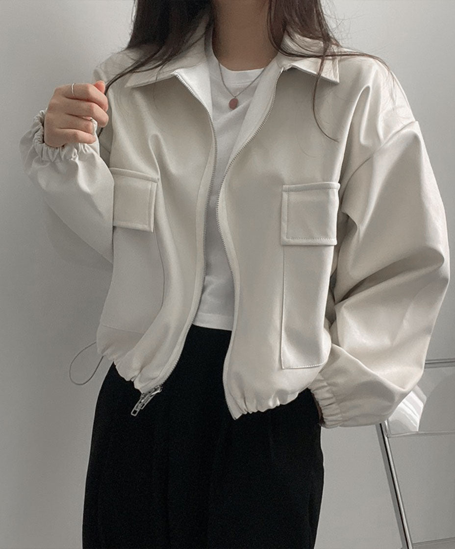 Casual Cropped Zip-Up Long-Sleeve Jacket in Solid Color